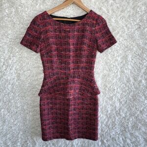 Trina Turk Tweed Plaid‎ Peplum Short Sleeve Dress Sz 2 Above Knee *Missing Belt*
